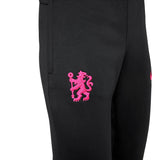 Close-up of black kids Chelsea FC training tracksuit pants with pink lion emblem