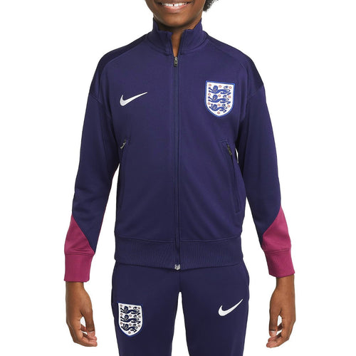 Kids England soccer tracksuit in navy with pink accents and England team crest on SoccerTracksuits.com