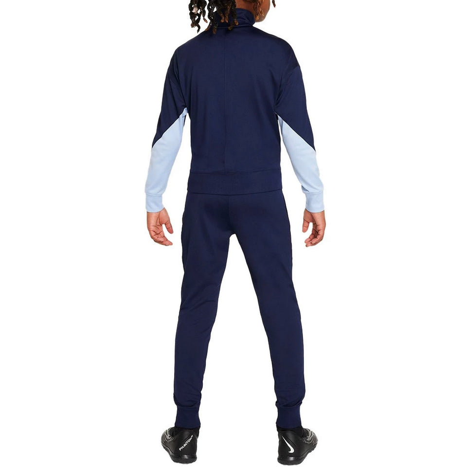 Back view of kids France soccer tracksuit 2024 in navy blue with light blue sleeves and matching pants