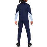Back view of kids France soccer tracksuit 2024 in navy blue with light blue sleeves and matching pants