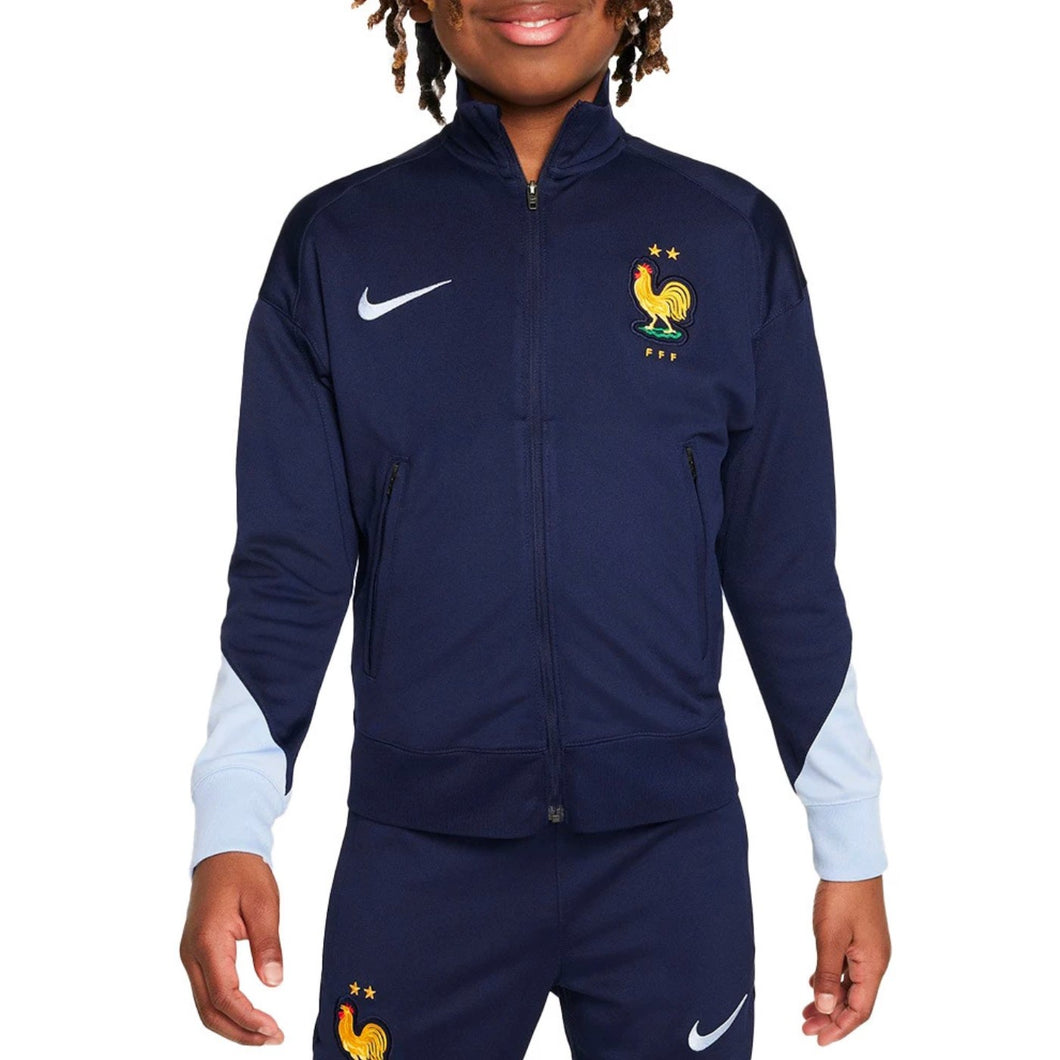 Kids France soccer tracksuit 2024 navy blue with embroidered rooster emblem and white accents