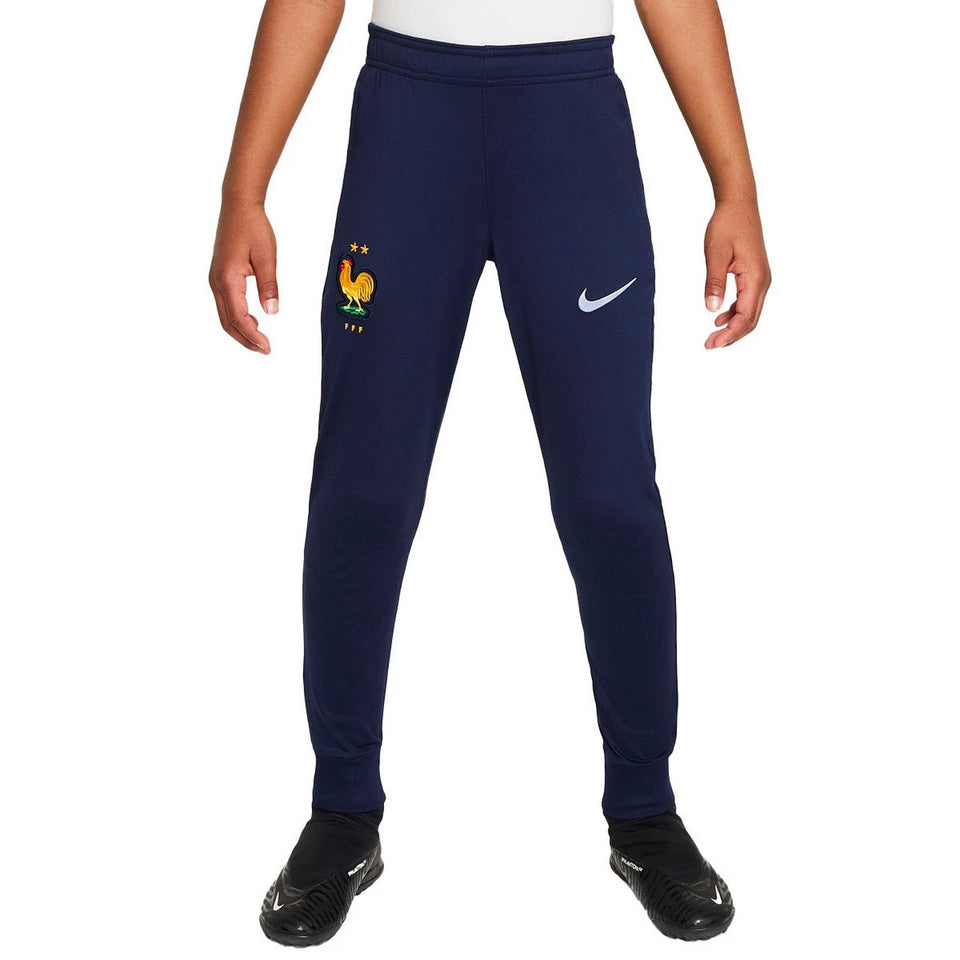 Kids France soccer tracksuit 2024 navy blue soccer pants with team logo and Nike swoosh