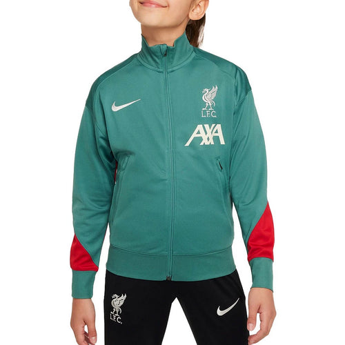 Kids Liverpool presentation tracksuit green and red jacket with black pants featuring Liverpool FC logos