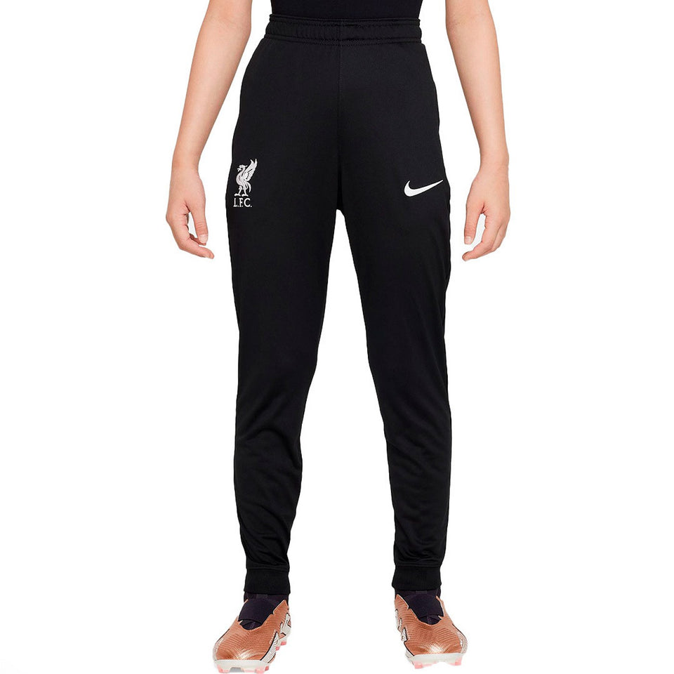 Kids Liverpool soccer tracksuit black pants with Liverpool logo and Nike swoosh for youth