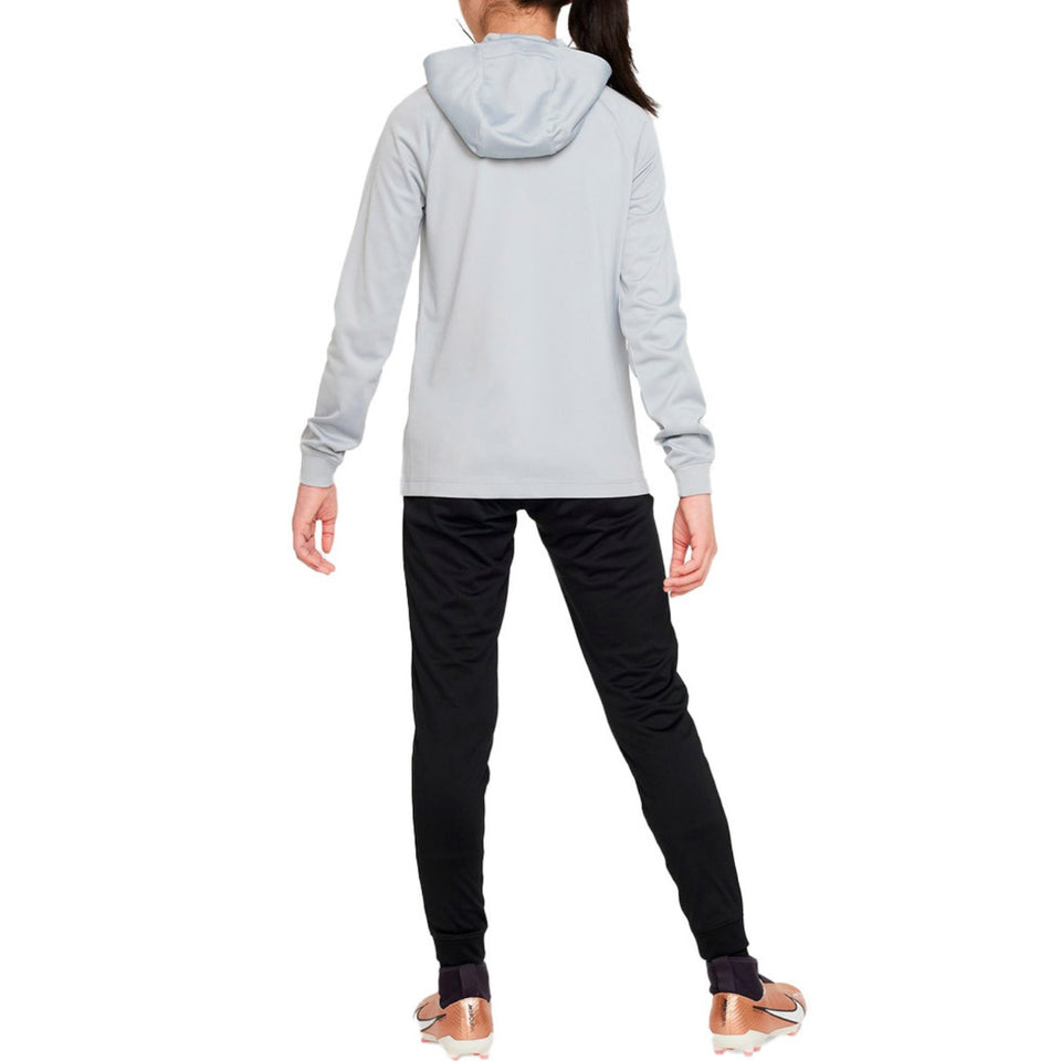 Back view of kids Liverpool soccer tracksuit with gray hooded top and black pants on SoccerTracksuits.com