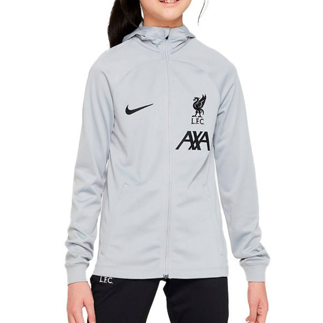 Kids Liverpool soccer tracksuit gray zip-up jacket with hood and black logo details