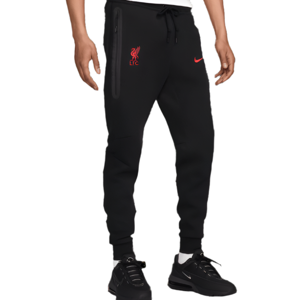 SoccerTracksuits com Liverpool FC black tech fleece pants slim fit with zip pockets and cuffed ankles