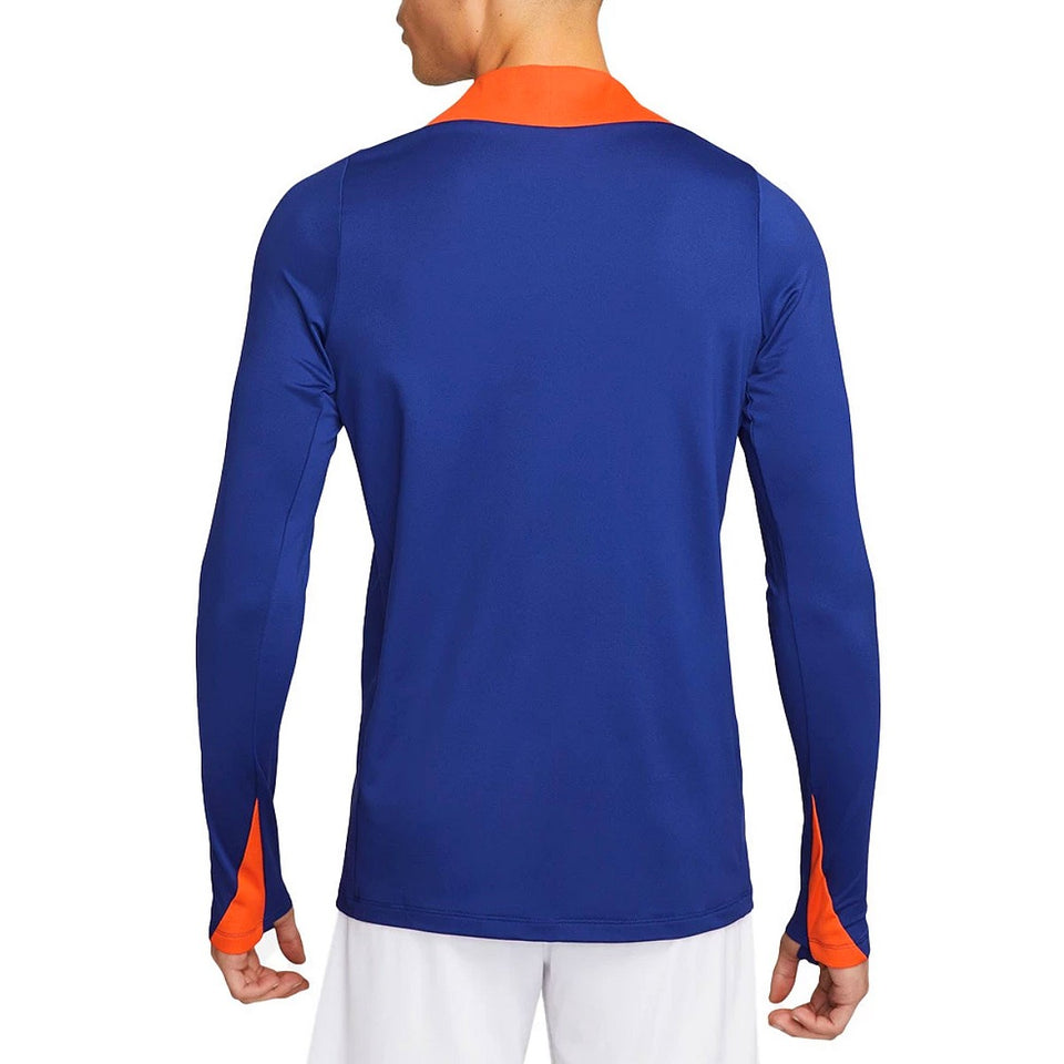 Back view of Nike Netherlands training tracksuit top in blue with orange collar and sleeve details