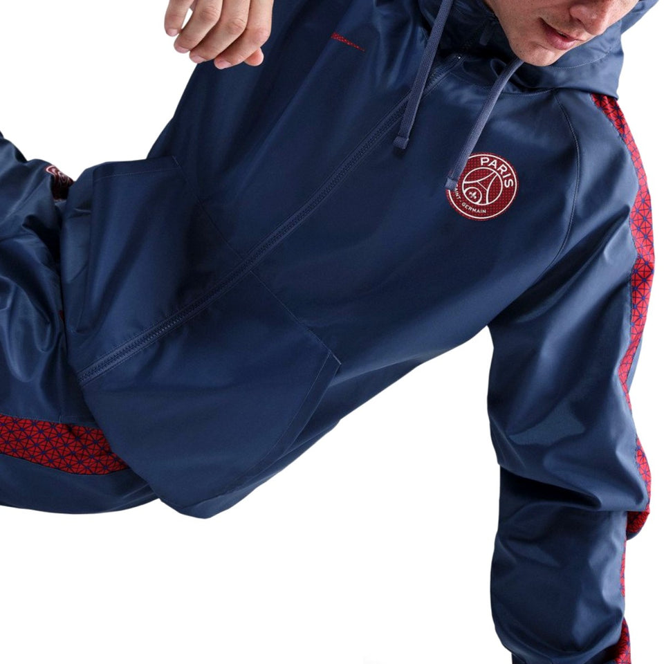 Paris Saint-Germain woven tracksuit men's navy hooded jacket with red patterned sleeve stripes and zipper