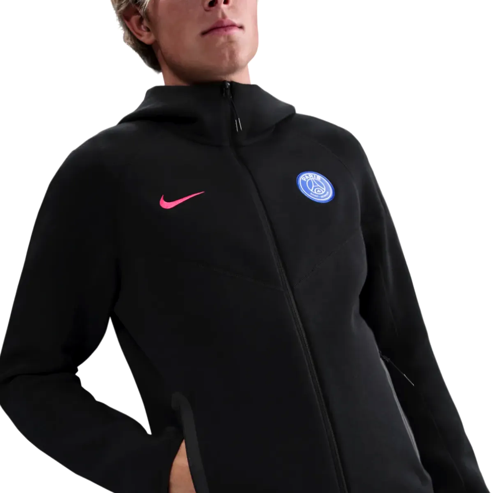 Nike PSG black Tech Fleece tracksuit 2025 26 featuring comfortable fit and stylish design on SoccerTracksuits.com