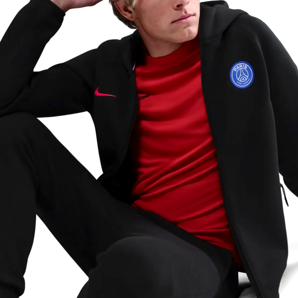 Nike PSG black Tech Fleece tracksuit 2025 26 featuring a stylish design with a logo on SoccerTracksuits.com