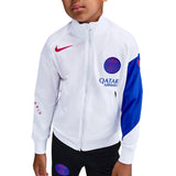 Nike PSG kids soccer tracksuit 2025 featuring a white jacket with blue accents on SoccerTracksuits.com