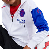 Nike PSG kids soccer tracksuit 2025 in white and blue with Qatar Airways logo on SoccerTracksuits.com