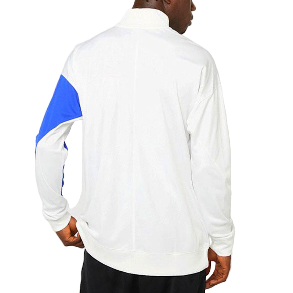 Back view of white tracksuit jacket with blue sleeve panel on model PSG Nike Total 90 tracksuit 2025 26