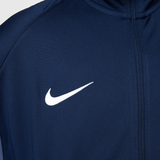 Close-up of Nike logo on navy Nike PSG training suit for kids 2025 with sporty design