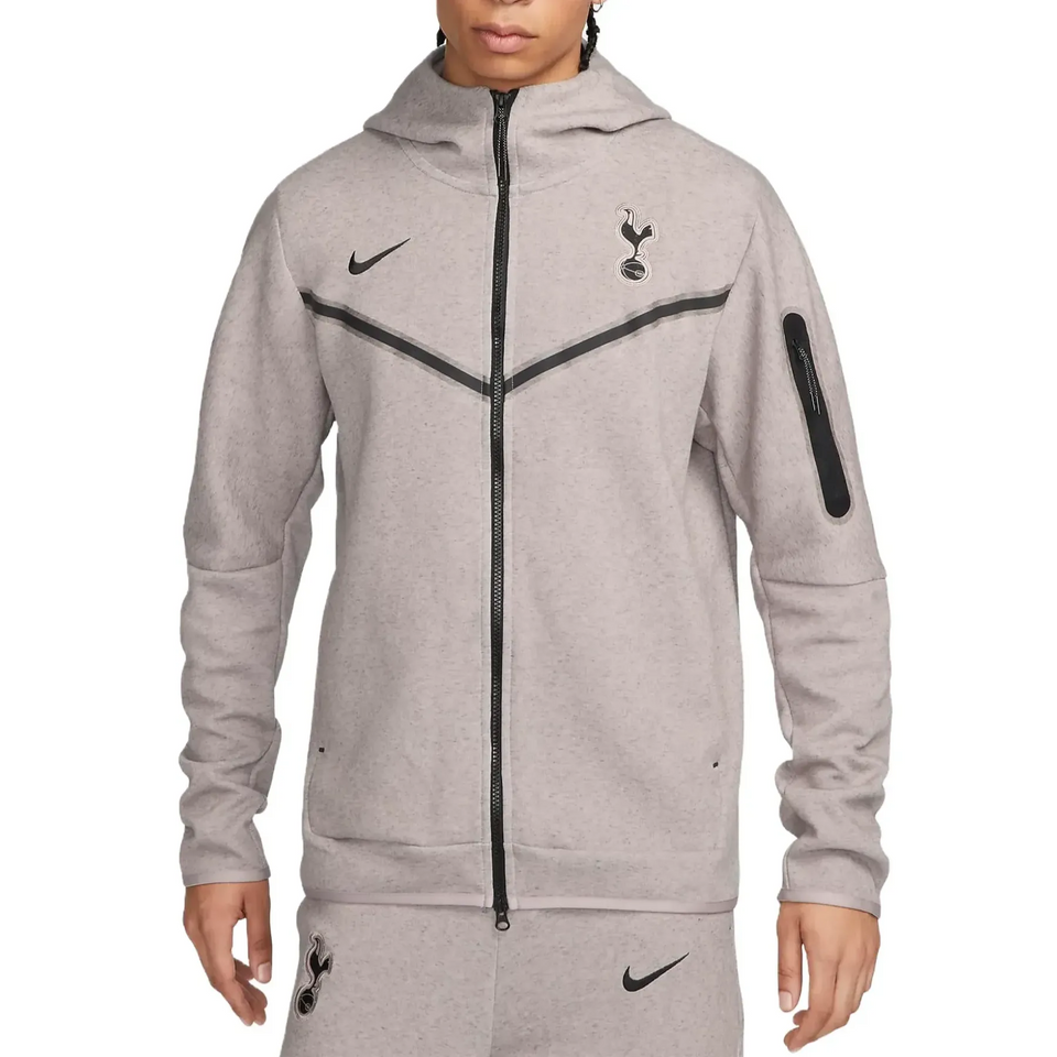 Tottenham Hotspur Tech Fleece tracksuit gray zip-up hoodie with black Nike and club logos