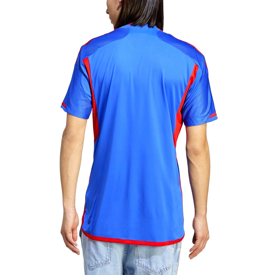 Back view of Olympique Lyon away jersey 2023 24 in blue with red accents for fans and players