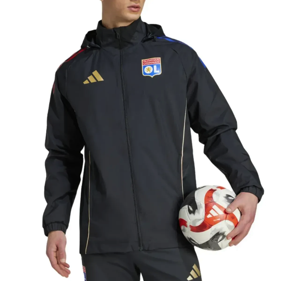 Olympique Lyon training rain jacket 2025 in black with gold accents for soccer enthusiasts
