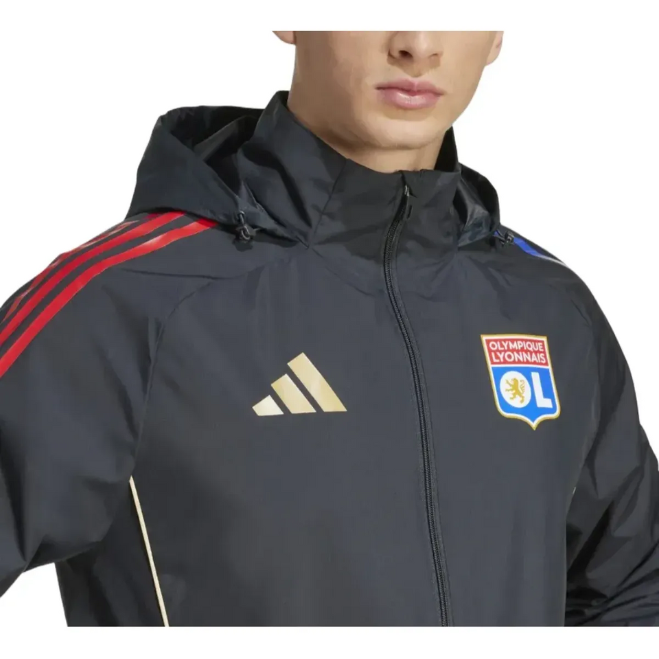 Olympique Lyon training rain jacket 2025 with hood and team logo for athletes