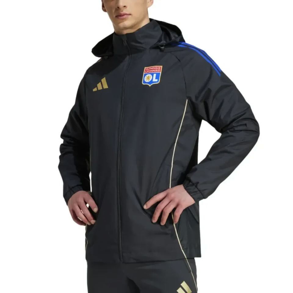 Olympique Lyon training rain jacket 2025 in black with stylish design and ergonomic fit