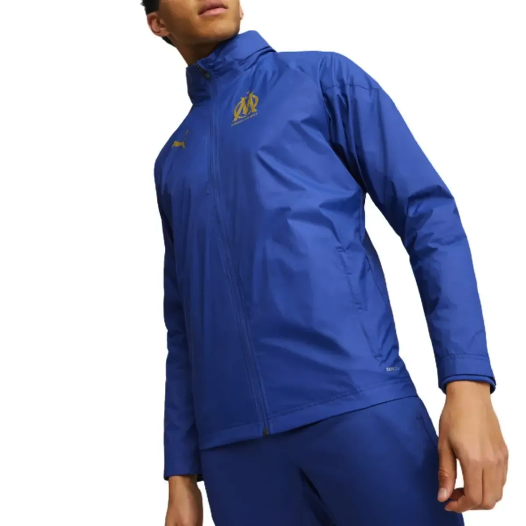 Olympique Marseille rain jacket 2024 in blue with logo, perfect for fans and players during wet weather
