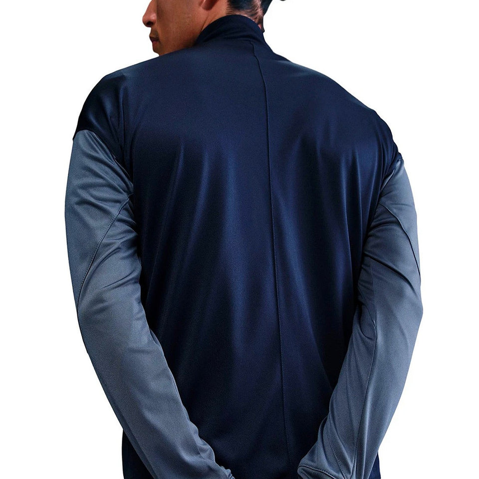 Back view of the Paris Saint-Germain 2025 soccer tracksuit in navy and gray for athletes and fans