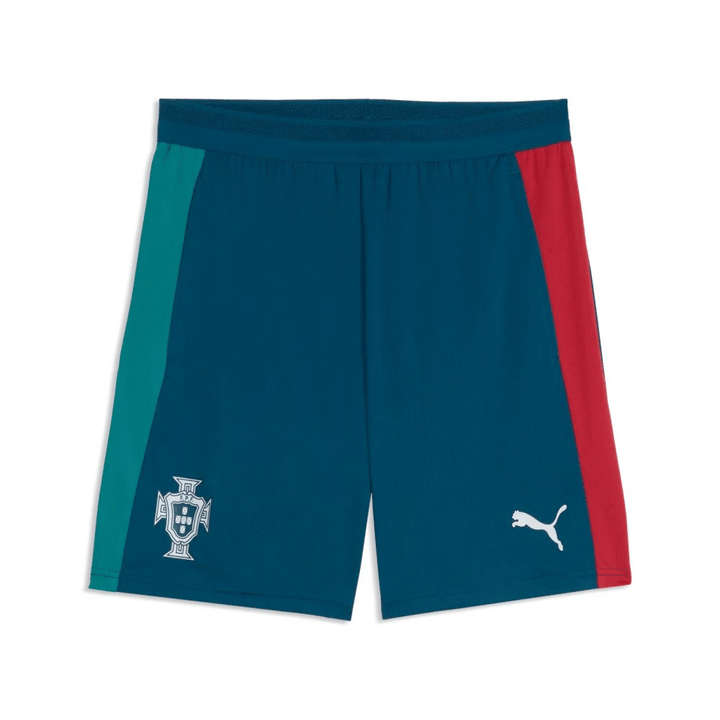 Men's athletic shorts in teal and red with Portugal emblem and Puma logo