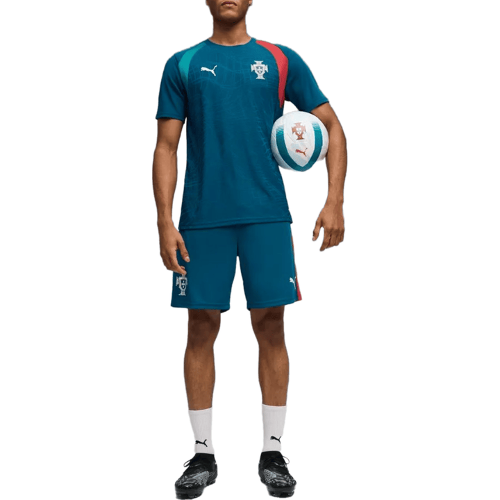 Men's teal polyester sports uniform with red accents and Puma logo, includes top and shorts.