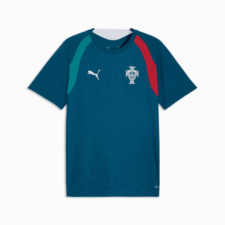 Blue Puma Portugal soccer jersey with green and red accents and team logo on the front