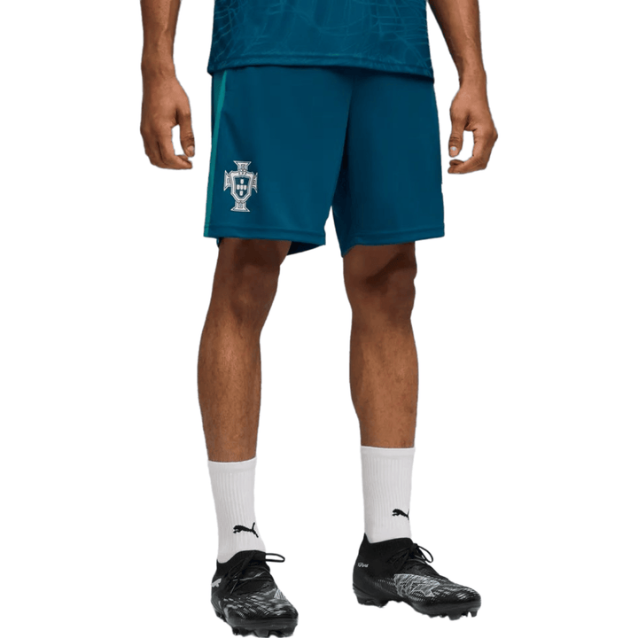 Men's teal athletic shorts with Portugal emblem and side stripe detail