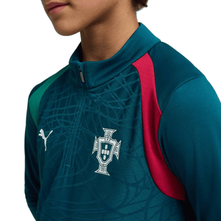 Teal Puma quarter-zip training top with pink and green accents featuring Portugal national team logo.