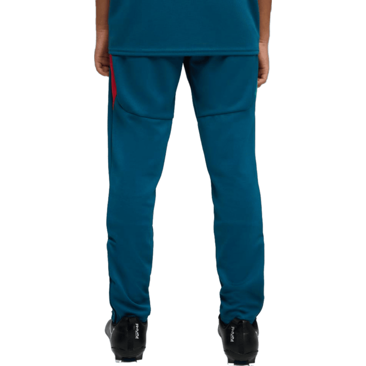 Teal athletic pants with red accents, designed for sports and exercise.