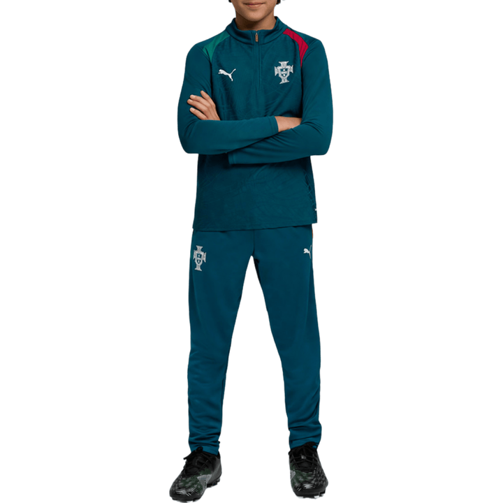 Men's teal athletic tracksuit by Puma with red and green accents and logo