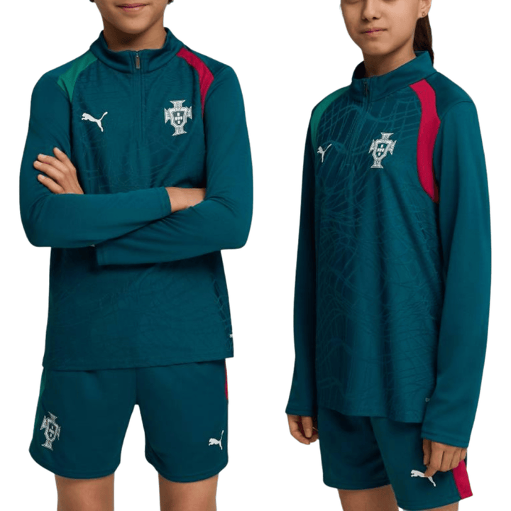 Teal Puma long sleeve training top with Portugal crest and contrasting red accents