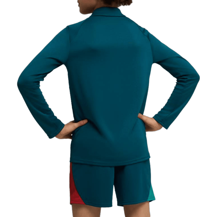 Long sleeve athletic top in teal with matching shorts featuring red and green panels