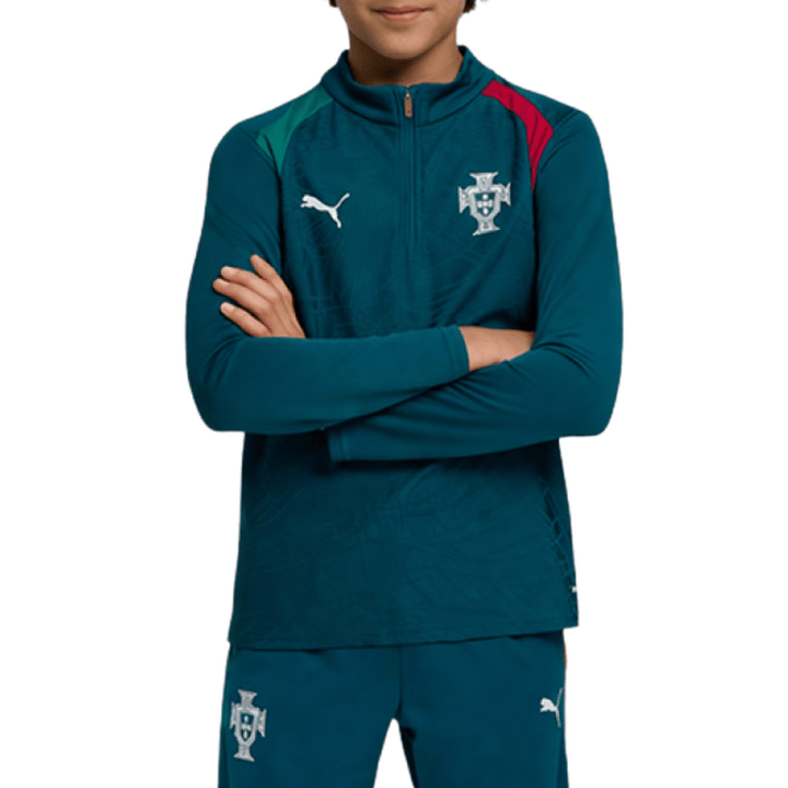 Teal Puma Portugal training top with long sleeves and a zip collar