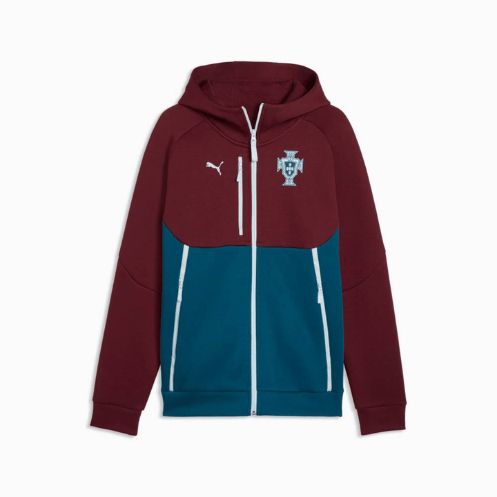 Maroon and teal zip-up hoodie by Puma with Portugal crest on chest