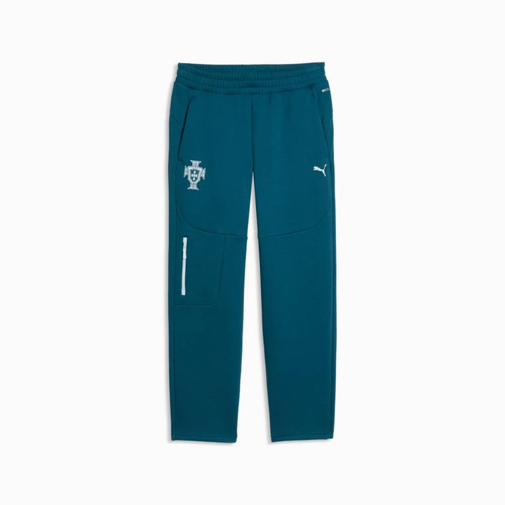 Teal Puma sweatpants with zippered pockets featuring a logo design