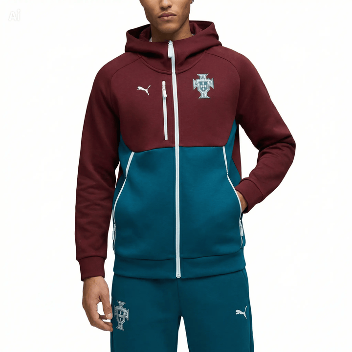 Men's maroon and teal fleece hoodie by Puma with zippered front and Portugal national team logo.