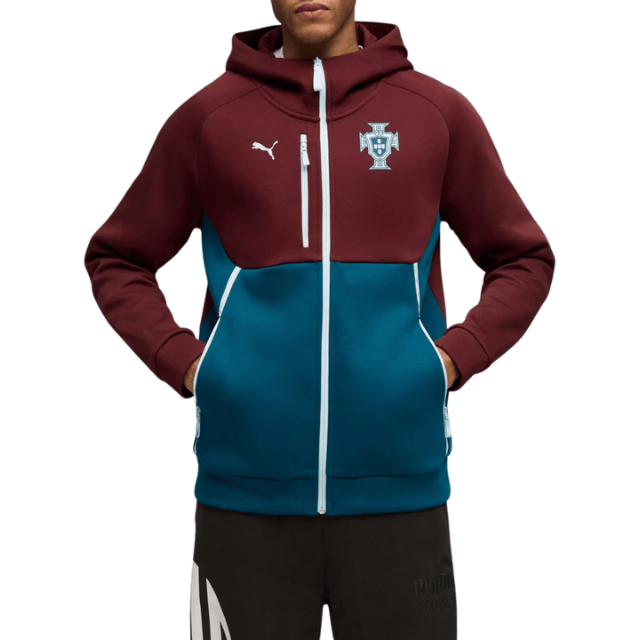 Men's hooded sweatshirt in burgundy and teal with Portugal crest by Puma