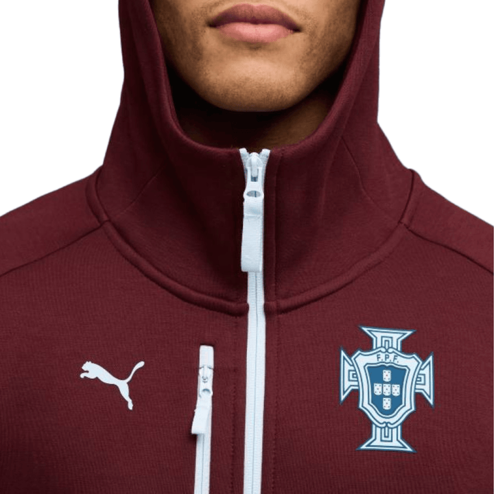 Maroon Puma zip-up hoodie with Portugal national team logo and hood