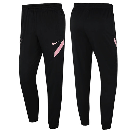 PSG black soccer pants 2021 with pink Nike swoosh and side stripe from SoccerTracksuits.com