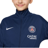 PSG navy blue kids presentation tracksuit featuring the Paris logo and Qatar Airways branding