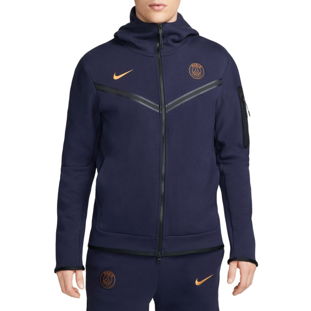 Men's PSG tech fleece tracksuit 2023 in navy blue with gold Nike logo and hooded jacket