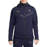 Men's PSG tech fleece tracksuit 2023 in navy blue with gold Nike logo and hooded jacket