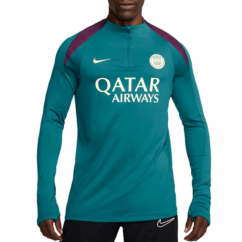 PSG training sweat top 2024 in teal with Qatar Airways logo and Nike branding for soccer enthusiasts