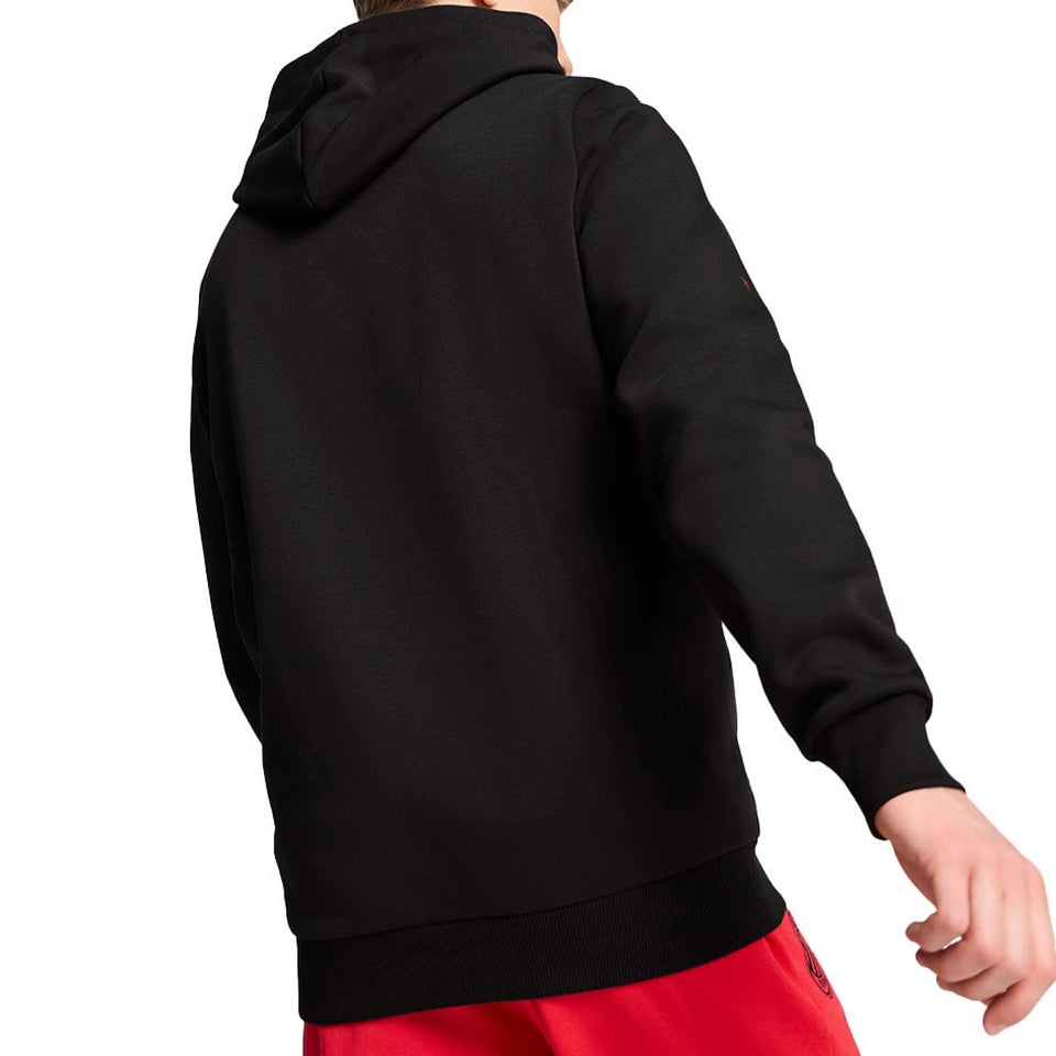Black hoodie AC Milan fan apparel 2024 25 worn with red pants on SoccerTracksuits.com