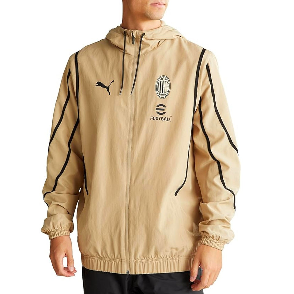 Puma AC Milan gold presentation suit featuring a hooded jacket with logo and stylish design