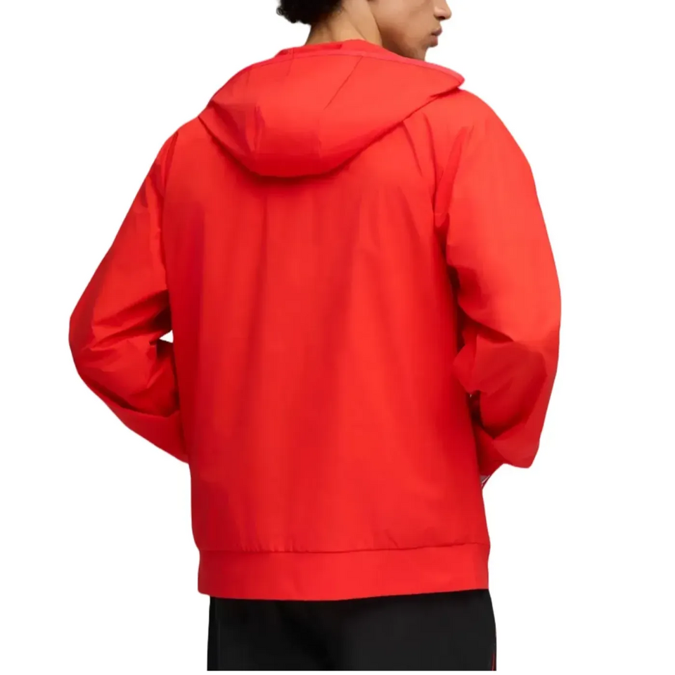 Back view of the Puma AC Milan presentation suit 2025 26 in vibrant red, featuring a hood and sporty design