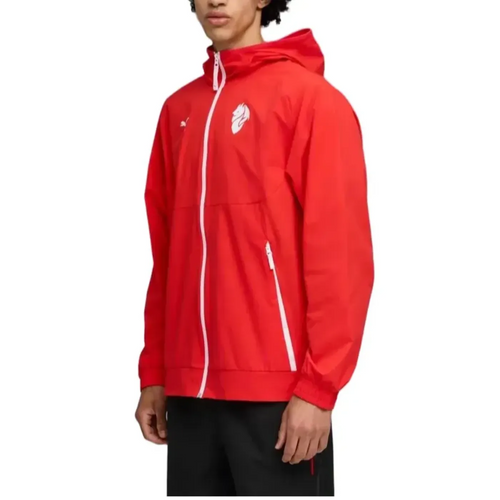 Puma AC Milan presentation suit 2025 26 red jacket with hood and zip pockets for sports fans